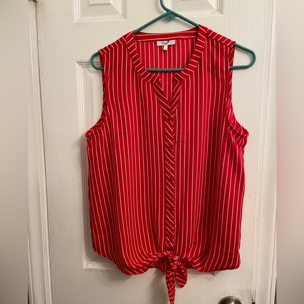 Red and white striped tie knot blouse